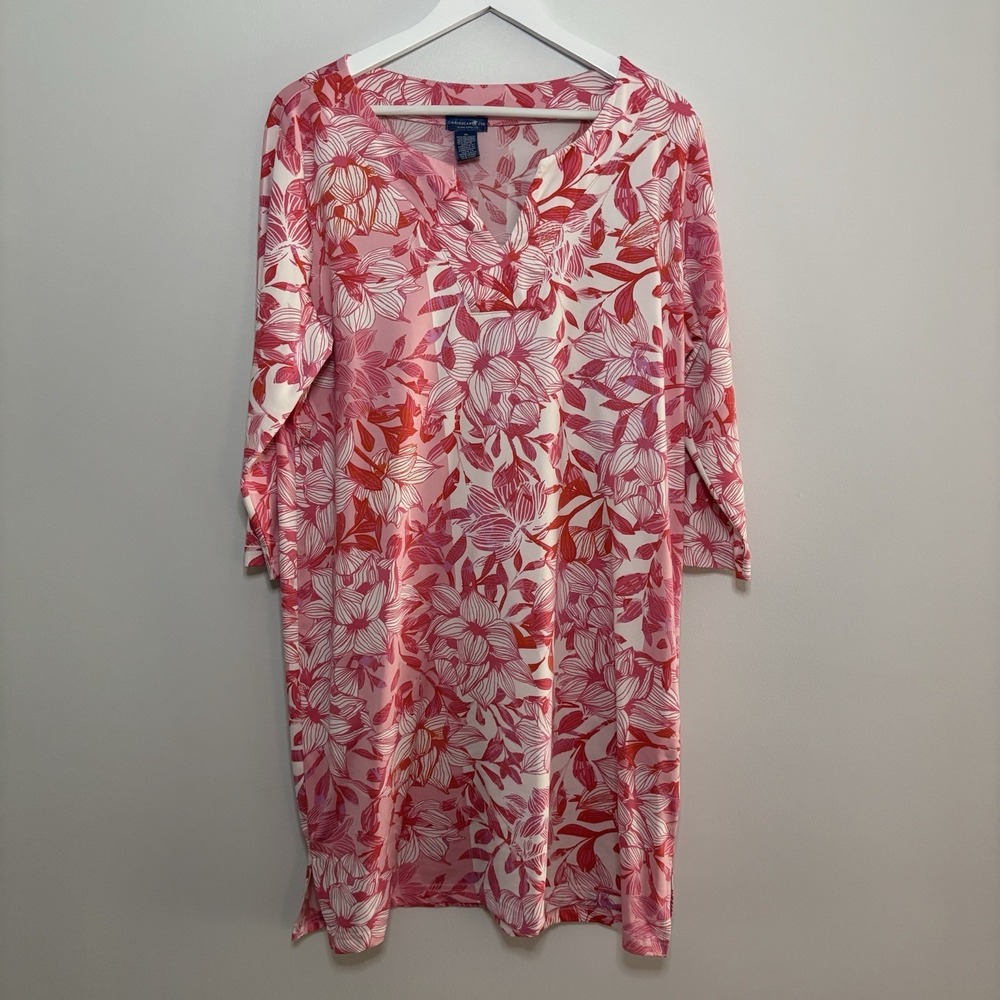 Caribbean Joe Pink Floral Dress XL 3/4 sleeve V neck knee length Hawaiian Resort